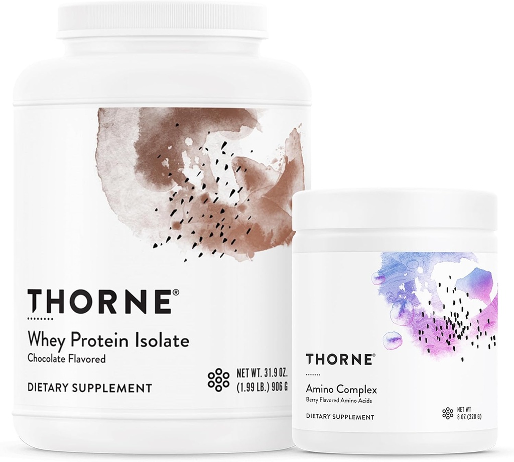 THORNE - Whey Protein Isolate (Chocolate, 31,9 Oz) & Amino Complex (Berry, 8 Oz) Bundle - onartzen du Muscle Repair & Recovery - NSF Sport-erako ziurtagiria - Gluten Free, Soy Free