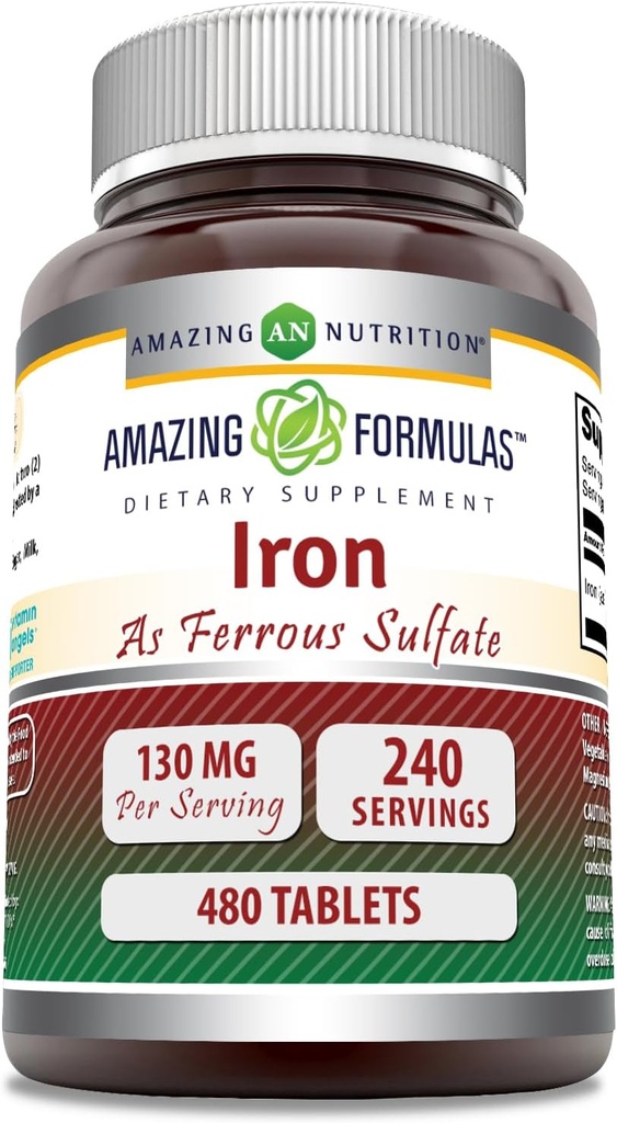 Stupefacente Formulas Iron come Ferrous Sulfate Supplemento | 65 Mg | Compresse | Non-GMO | Gluten Free | Made in USA (480 Count)