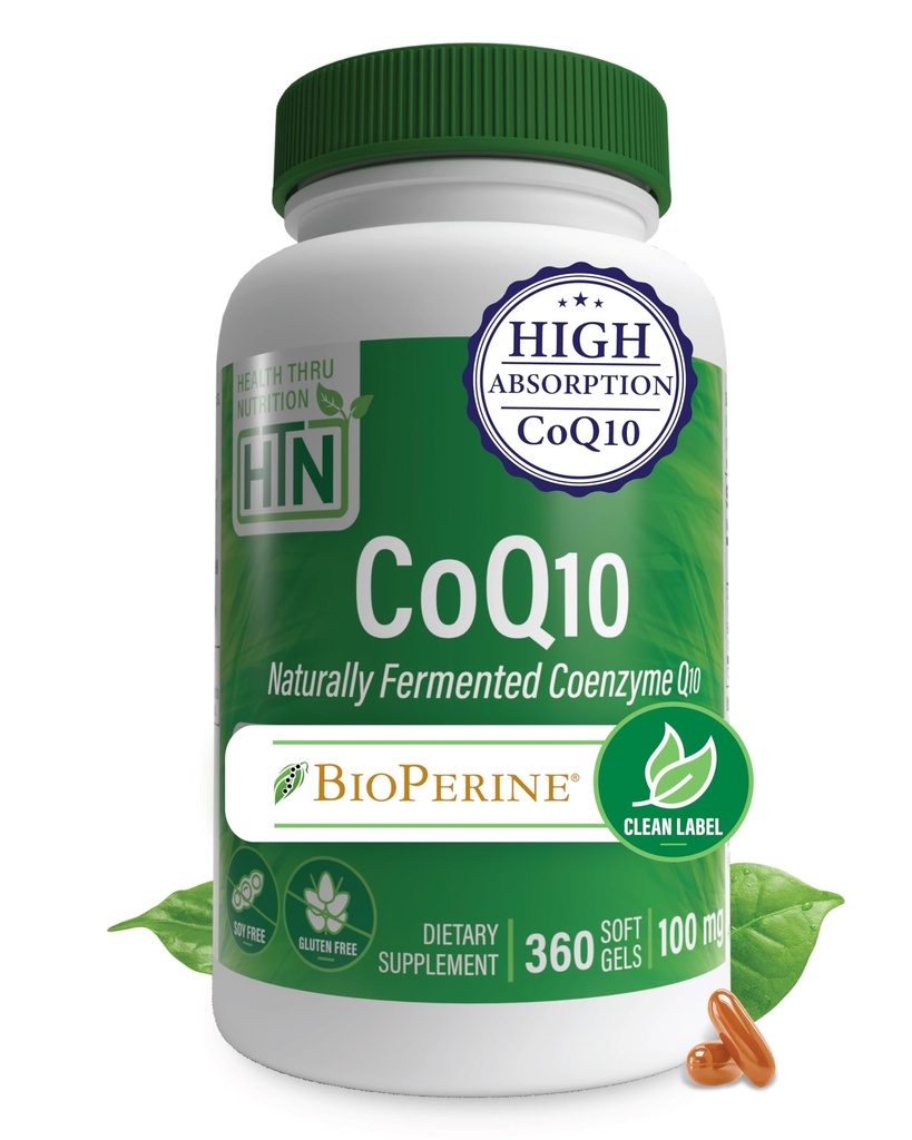 Health Thru Nutrition CoQ-10 100mg with BioPerine 360 Softgels | High Absorption Naturally Fermented USP Grade Coenzyme Q10 Supplement | 3rd Party Tested | Heart Health and Energy Support