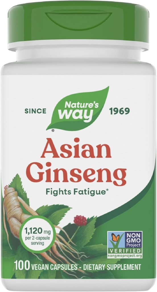 Nature's Way Asian Ginseng, Fights Fatigue*, 1.120mg 2 kapsula zerbitzatu bakoitzeko, GMO Project Verified, Vegan, 100 kapsula (Maiatzaren Vary prestatzen)