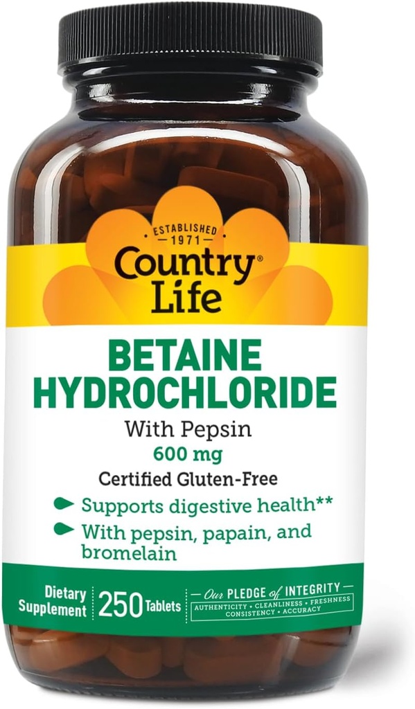 Country Life Betaine Hydrochloride met pepsine 600 mg - 250 tabletten