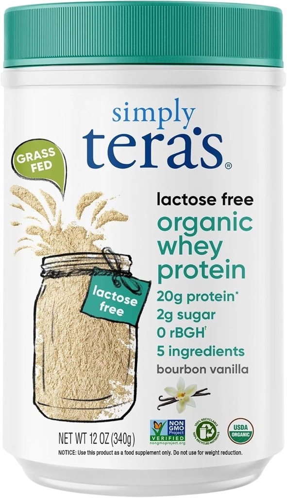simply tera's Lactose Free Organic Whey Protein Powder - Lactose Free, Vanilla, 20g of Protein Per Serving, Non-GMO, Gluten-Free, rBGH-Free, Kosher - 12 Oz.