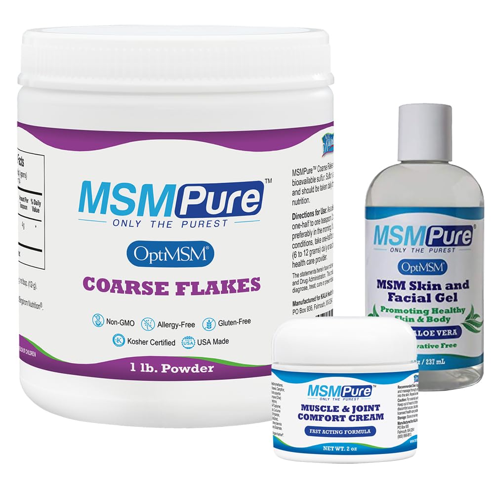 KALA HEALTH MSMPure Starter Bundle with MSM Coarse Flakes 1lb, MSM Muscle & Joint Cream 2oz and MSM Gel with Organic Aloe 8oz