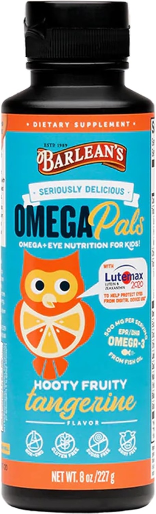 Barlean's Omega Pals Eye Health Liquid, Tangerine Flavored Omega 3 para nenos, suplementos de aceite de peixe con 500 mg de EPA & DHA Plus Lutein & Zeaxanthin Vitaminas para Blue Light Support, 8 oz