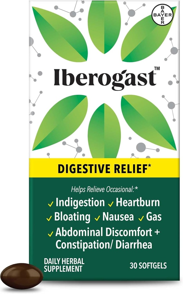 Iberogast Softgels, Herbal Relief of Stomac Upsets: Indigestie ocazională, Blooting, Gaz, Greață, Stomac supărat; 6-Herb Blend cu Iberis Amara, Peppermint, Licorice, Lemon Balm; 30ct
