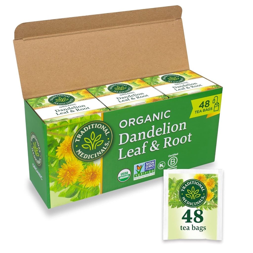 Medicinals Tea, Dandelion Leaf & Root organikoa, Kidney funtzioa eta digestio osasuntsua onartzen ditu, 48 Tea Bags (3 paketea)