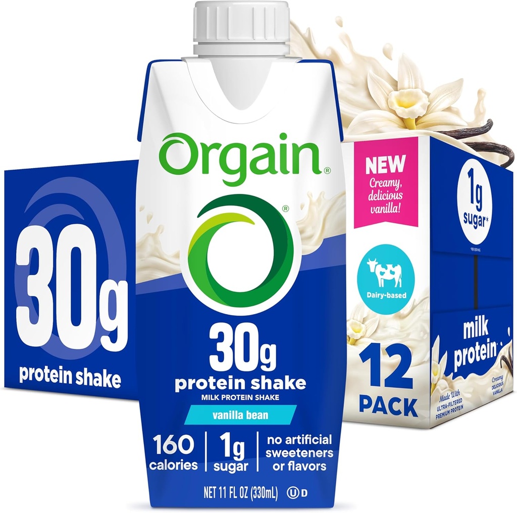 Orgain 30g High Protein Shake, Dairy Isolate Milk Protein, Vanilla Bean, 5g BCAAs, 1g Sugar Per Servering, Meal Replacement, Redo att dricka, Keto Friendly, Gluten-Free 11 Fl Oz (Pack av 12)