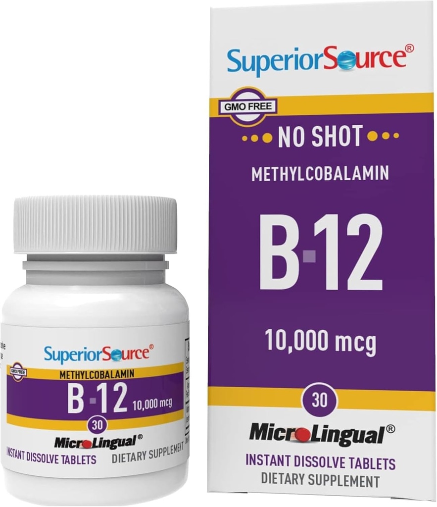 Sorgente superiore No Shot Methylcobalamin B-12 10000 mcg - Vitamina B-12 per sostenere la produzione di energia, salute del cervello & benessere generale - Tablets sublinguali per l'assorbimento rapido - 30 compresse dissolving