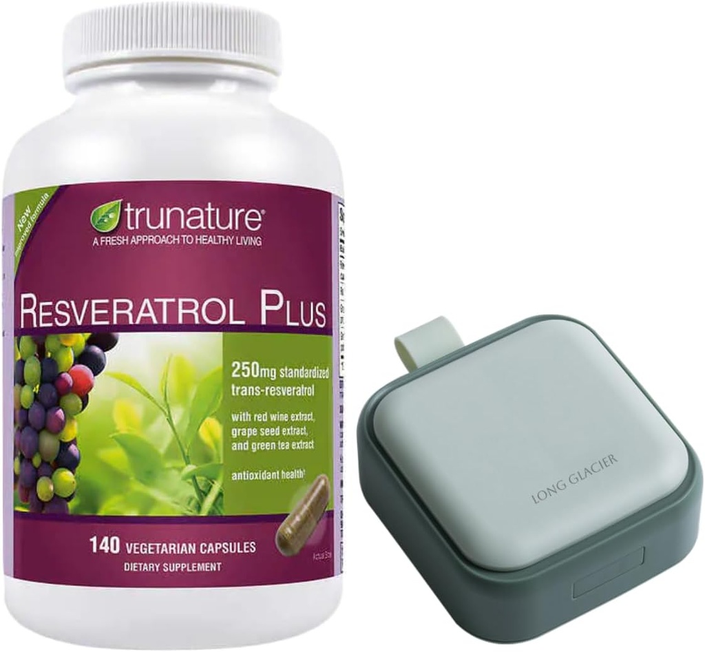 Trunature Resveratrol Plus, 140 вегетарианских капсул с орагнизатором для таблеток, маленький симпатичный контейнер для лекарств, витамины, зеленый