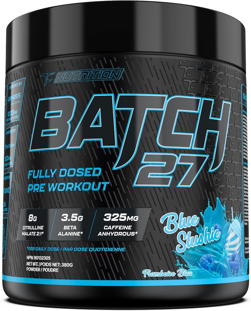 TC Nutrition Batch 27 Pra Workout Powder - 8g Citrulline, 3.5g Beta Alanine, 2.5g Betaine, 325mg Caffeine 124; Instant Energy, Pumps, & Energy 124; Nitric Oxide Booster 20 sv (Blue Slushie)