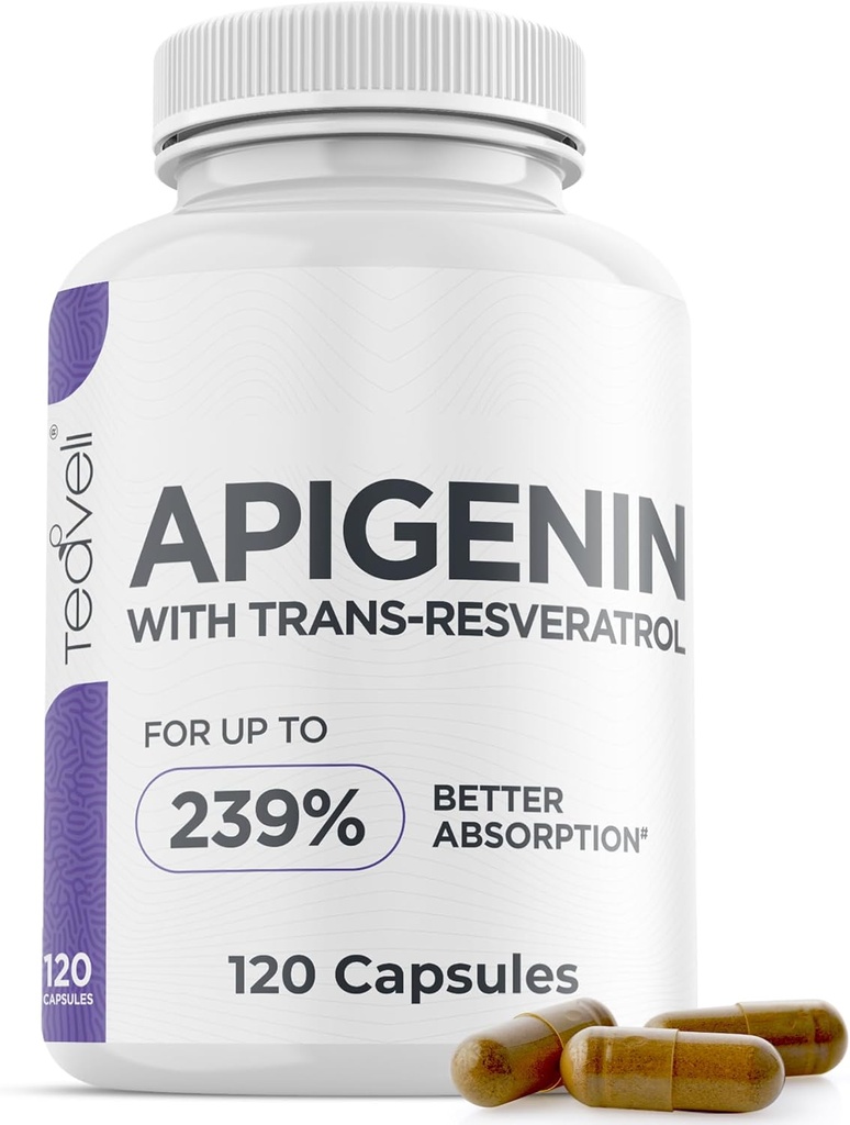 תוסף Apigenin מתקדם עם Resveratrol עבור זמינות ביולוגית גבוהה - 50mg Apigenin עבור תמיכה בשינה ללא מלטונין- Complements Magnesium Threonate, L Theanine- 120 קפסולות, ידידותי טבעוני