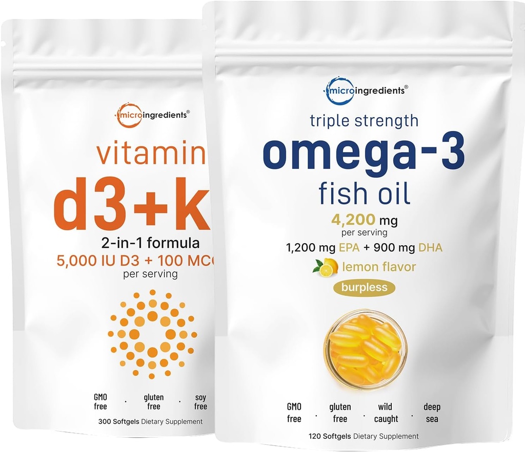 Micro Ingredients Vitamin D3 5,000iu + K2 100mcg Softgels & Omega-3 Fish Oil 120 Softgels Bundle 2 Pack | Essential Sunshine Vitamins | Wild-Caught Fish, Lemon Flavored, Burpless