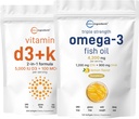 Micro Ingredients Vitamin D3 5,000iu + K2 100mcg Softgels & Omega-3 Fish Oil 120 Softgels Bundle 2 Pack | Essential Sunshine Vitamins | Wild-Caught Fish, Lemon Flavored, Burpless