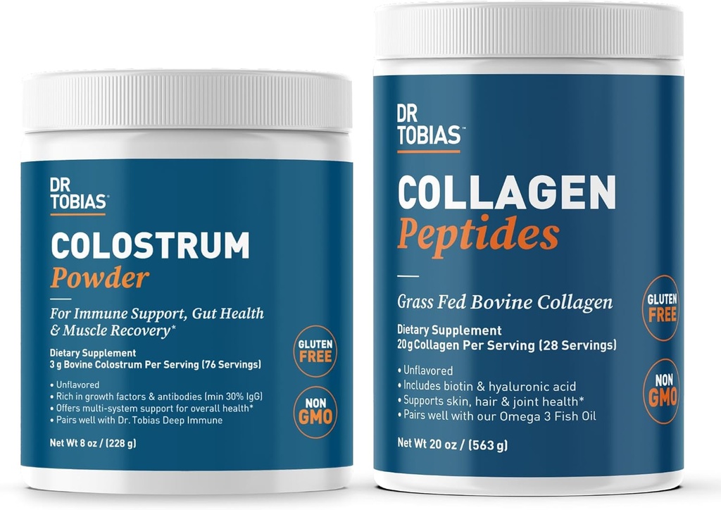 Dr Tobias Collagen Peptides Pulveris un kolostrs Pulveris - atbalsta ādu, matu, locītavu veselību, un imūnās funkcijas - bez lipekļa, ne-GMO