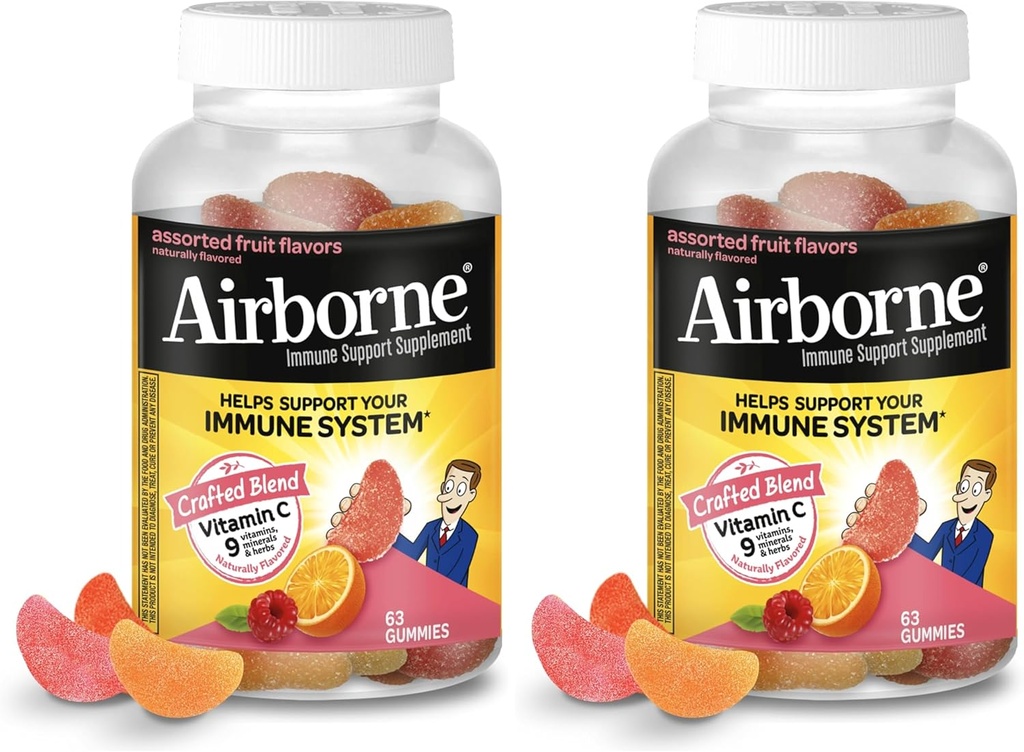 Airborne Vitamin C 750mg (per Serving) - Didukung Fruit Gumies (63 Count in a Bottle), Gluten- Free Imune Suplemen dengan Vitamin C E, Selenium (Paket 2)
