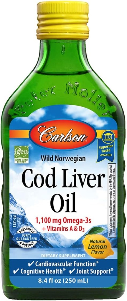 Carlson - Cod Liver Oil, 1100 mg Omega-3, Liquid Fish Oil Supplement, Wild-Caught Norwegian Arctic, Sustainably Sourced Nordic Liquid, Lemon, 250 ml