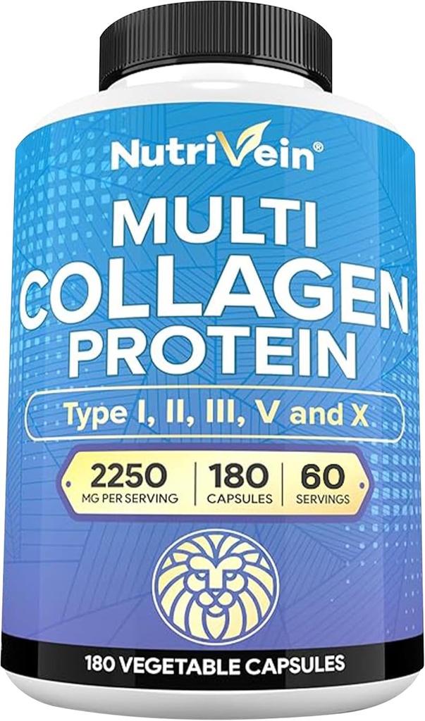 Pillole Multi Collagen Nutrivein Premium 2250 mg - 180 Capsule Collagene Easy-to-Swallow: Tipo I, II, III, V, X Peptidi Proteini Idratati per Donne e Uomini - Invecchiamento, Giunti, Capelli, Pelle, Bones, & Nails