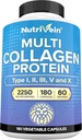 Nutrivein Premium Multi Collagen Pills 2250 mg - 180 Easy- to-Swallow Collagen капсули: Тип I, II, III, V, X Hydrolyzed Protein Peptides for Women and Men - Aging, Joints, Hair, Skin, Bones, & Nails