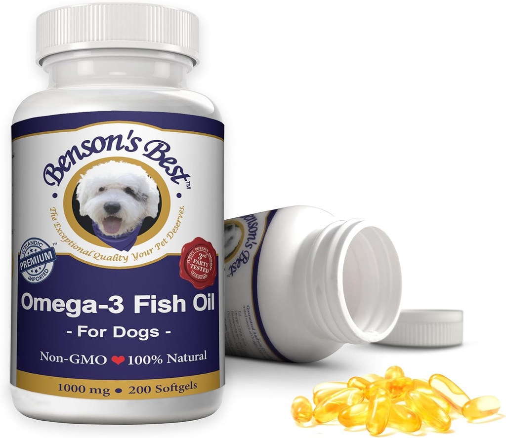 Benson 's Best Omega 3 Fish Oil for Dogs - 43% -kal több Omega 3 Fatty Acids Than Salmon Oil - 200 Softgels 1000 mg - 100% Tiszta, nem-GMO, Természetes Állateledel Kutya Halolaj kiegészítők