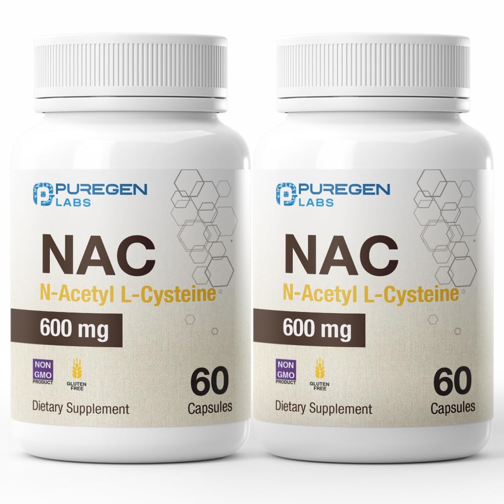 Puregen Labs N-Acetyl-L-Cysteine (NAC) 600mg, NAC 600 mg, Potent antioxidant Support, Free-radicals, Easy to Absorb - Total 120 Vegetarian Capsules