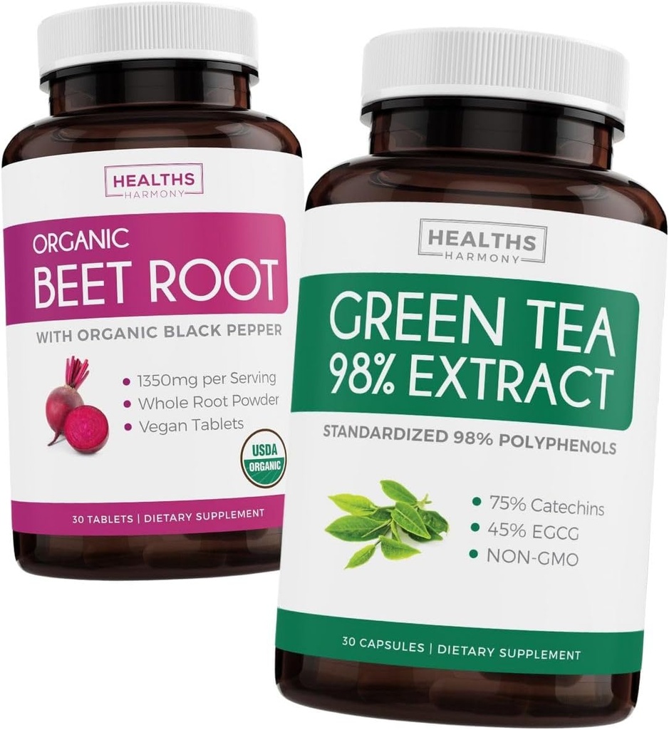 Beet Root & Green Tea Extract (2 hetes ellátás) Beet & Tea Power Mix - Organic Beet Root with Black Pepper for Absorption 1250mg (30 tabletta) & Green Tea Extract 98% with EGCG 1000mg per serve (30 kupak)