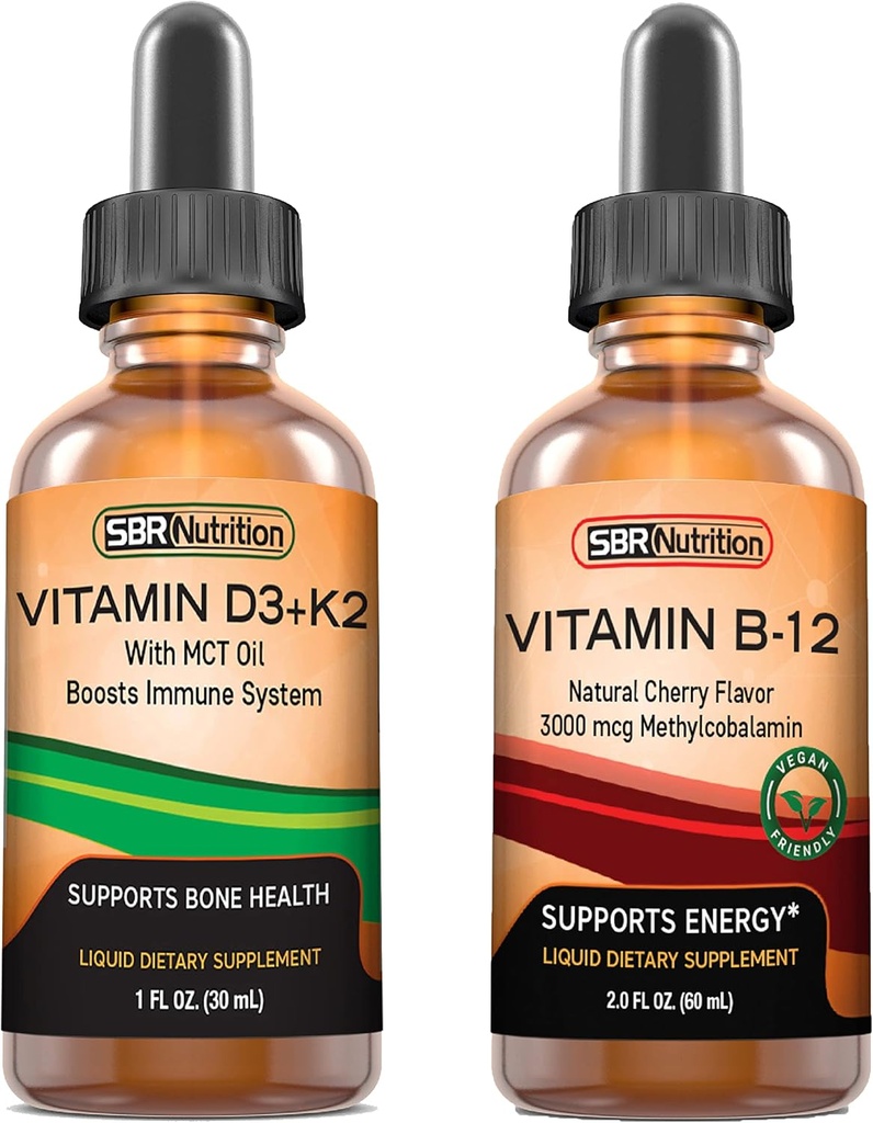SBR Nutrition D3+K2 and B12 Bundle Vitamin D3K2 (MK7) Liquid Drops, Peppermint 1oz | Vitamin B-12 3000mcg Liquid Drops, 2oz | for Adults & Kids | Non-GMO, Gluten Free