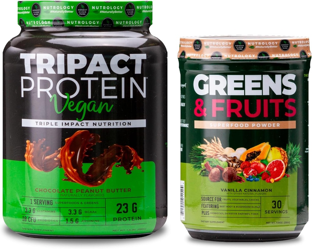 Nutrology Greens & Fruits Powder-Naturally Sourced Superfood, Vanilla Cinnamon (30 Servings) TRIPACT Vegan Protein Powder, Chocolate Peanut Butter (20 Servings)