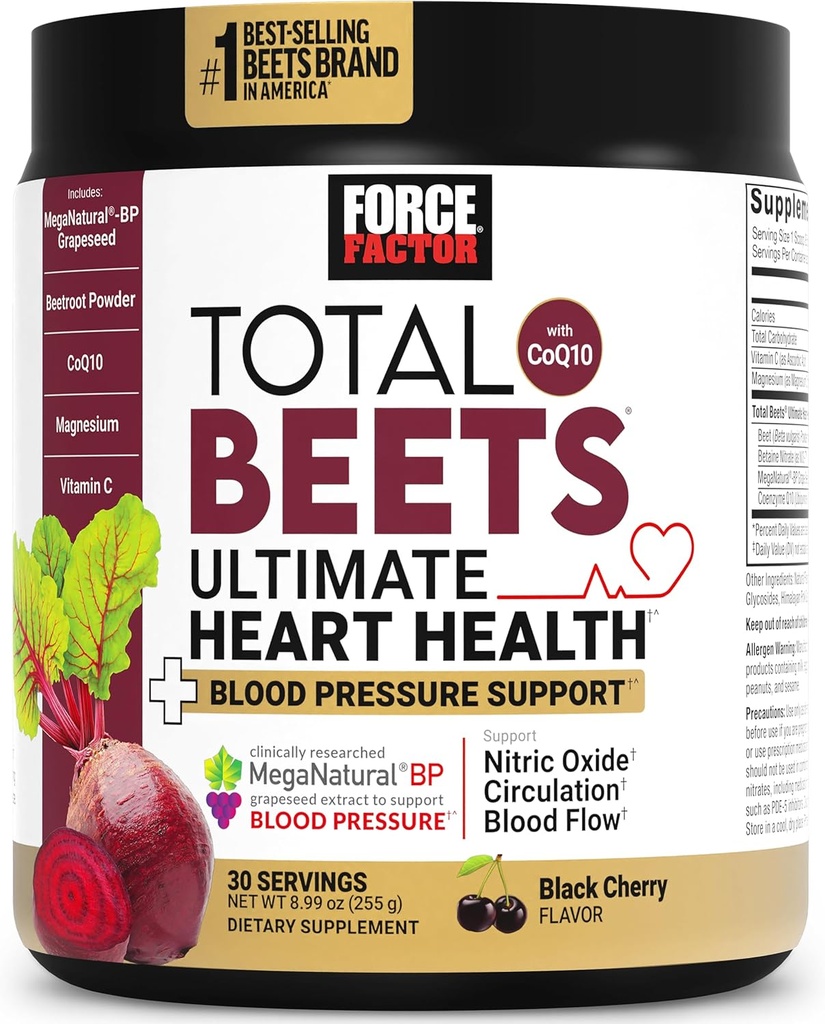 Kraftfaktor Total Beets Ultimate Herz-Gesundheit Blutdruck-Unterstützung mit CoQ10, Beet Root Powder, Grape Seed Extract, Blutdruck-Ergänzung für Zirkulation, Schwarze Kirsche, 30 Servierungen