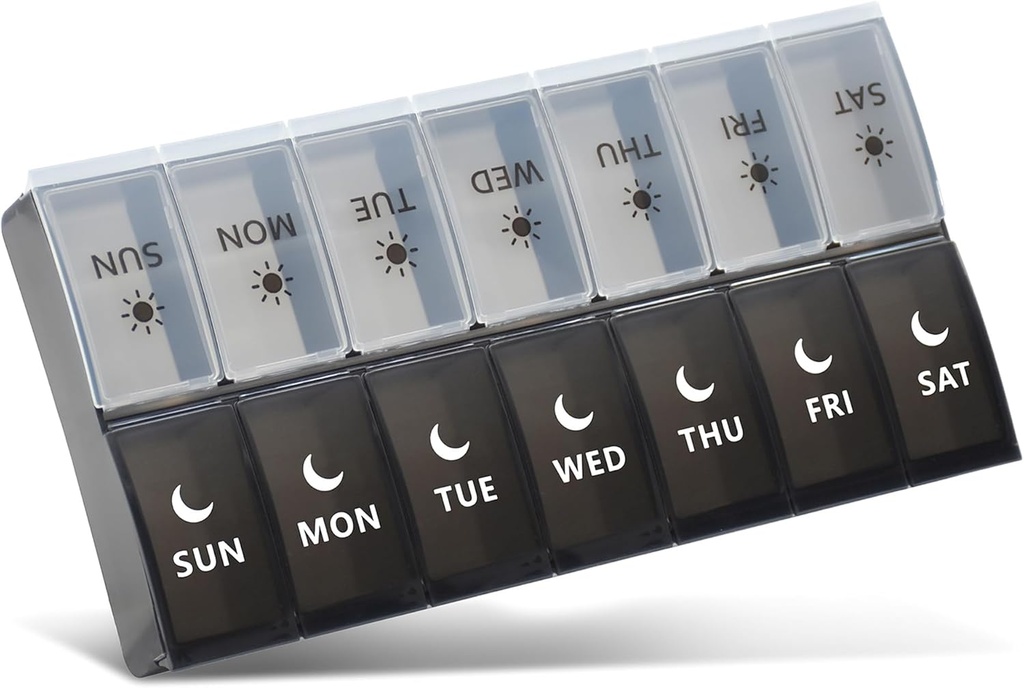 Pilula-antolatzailea 2 aldiz egunean, Weekly Pill Case, AM PM Pill Box, Day Night Pill Edukiontzi 7 Day, Bitamina Case Medicine Dispenser Bi aldiz egunean (Black & White)