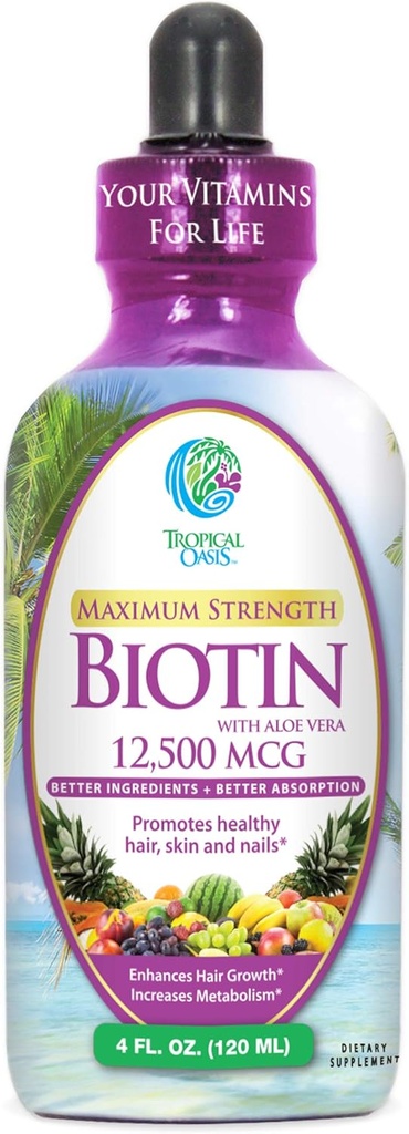 Máxima força líquido biotina gotas w/ 12,500 MCG – melhores vitaminas para o crescimento rápido do cabelo, redução da perda de cabelo, saudável pele & unhas fortes -5X mais potente do que pílulas – Absorção Max, Vegan– 4 onças, 30 Serv