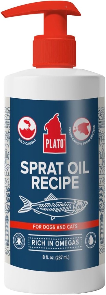 PLATO Pet trata óleo de peixe para cães - Ómega 3 Óleo para cães - Suporta pele saudável e casaco - Baltic Sprat Oil Receita 8 Onças