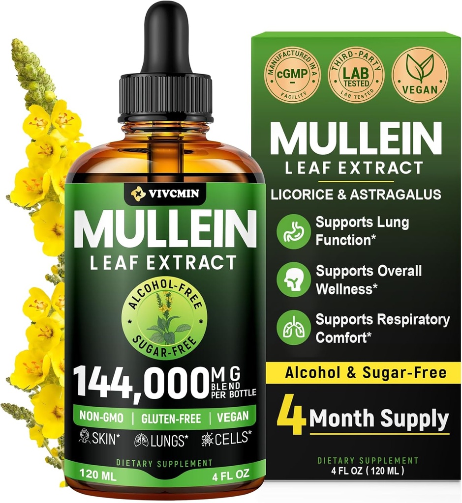 Mullein Drops para pulmões com alcaçuz e Astragalus, Suporte respiratório e imunológico, Detox pulmonar para fumantes Tintura, Extrato de folha de Mullein para Lung Cleanse, Açúcar e álcool, 4 fl oz