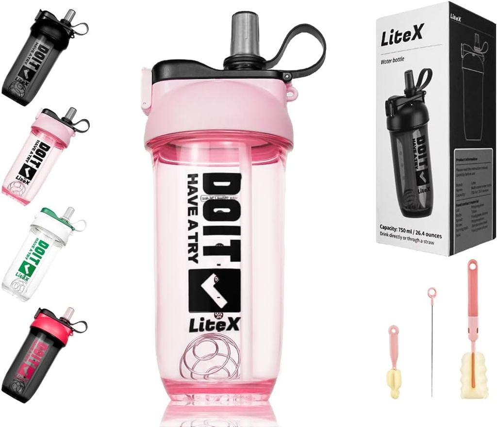 Litex Shaker Bottles for Protein Shakes, 26oz Blender Shaker Bottle for Pre-Workout,Shaker Cups with Straw, BPA-free Tritan Mixer Bottles for Protein Powder, With Cup Brush and Instructions (Pink)