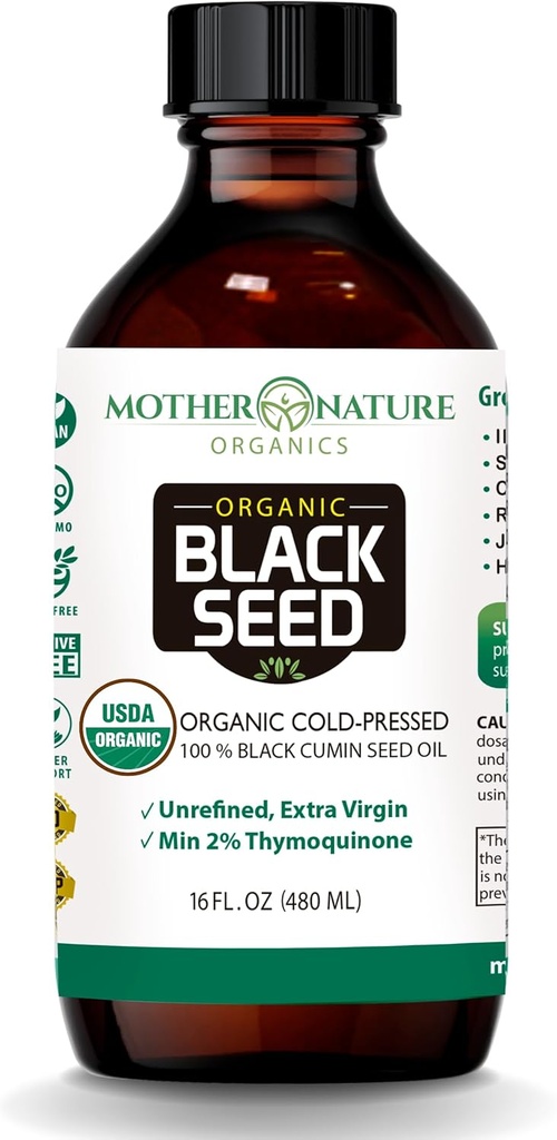 Matka Natura USDA Organic Black Seed Oil - Cold Pressed, Unrafinted & Vegan Nigella Sativa, High Thymoquinone (2% +), Omega 3 6 9 dla immunologicznego, Joint & Heart Support, Włosy i skóry, Non-GMO, 16oz