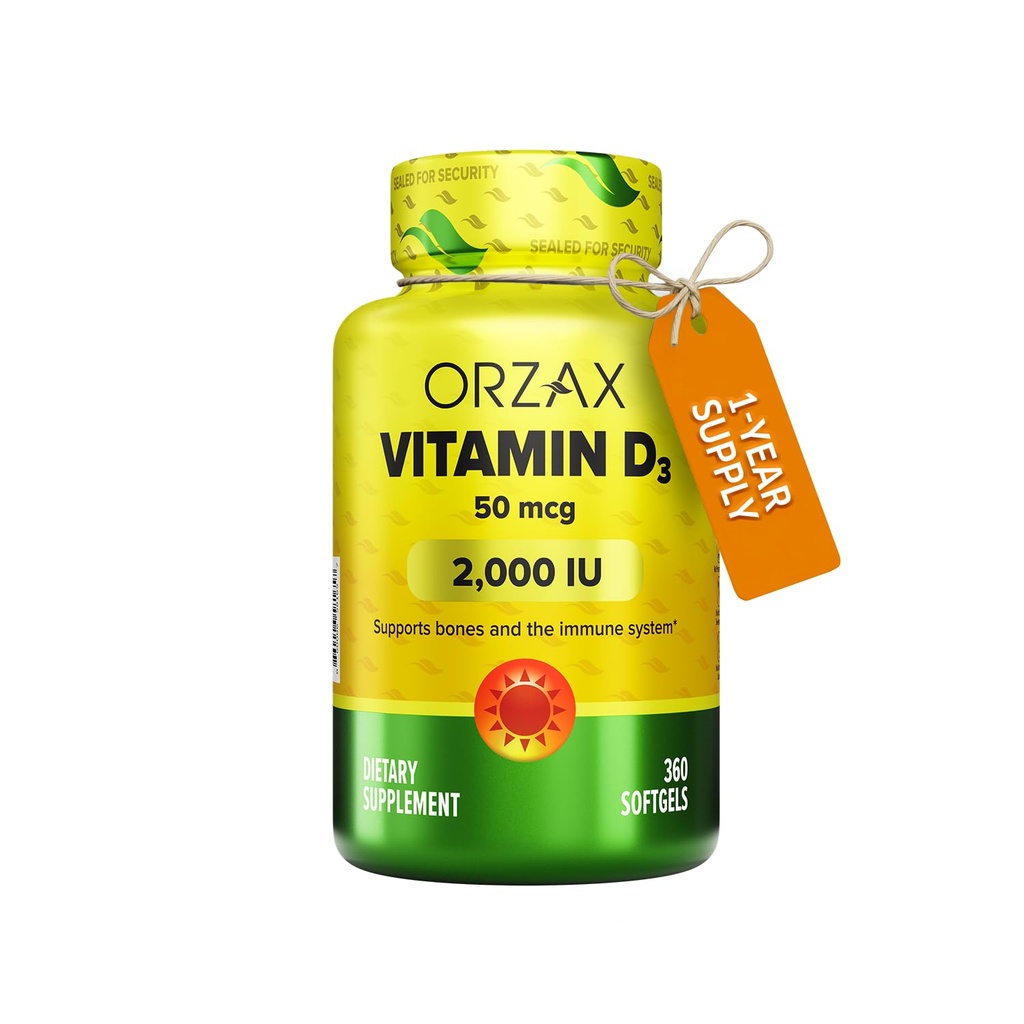 ORZAX Vitamin D3 2000 IU (50 mcg) – Immune Support & Bone Health Softgels, Non-GMO, Gluten Free, Sugar Free – Mood & Muscle Wellness Supplement – 1 Year Supply, 360 Softgels