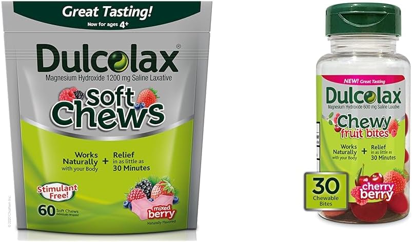 Dulcolax Soft Chews Saline Laxative מעורב ברי (60ct) Gentle Constipation Relief & Chewy פירות Bites, Saline Laxative, Cherry (30ct) Cramp-Free Constipation