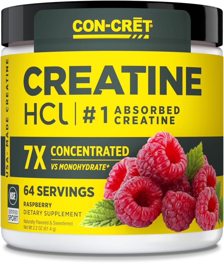 CON-CRET Creatine HCl Powder 124; Muscle, Cognitive, Cellular Energy Support CLAN124; No Bloating or Cramps CLAN124; USA Made & NSF Certified CLAN124; Raspberry (64 Serving)