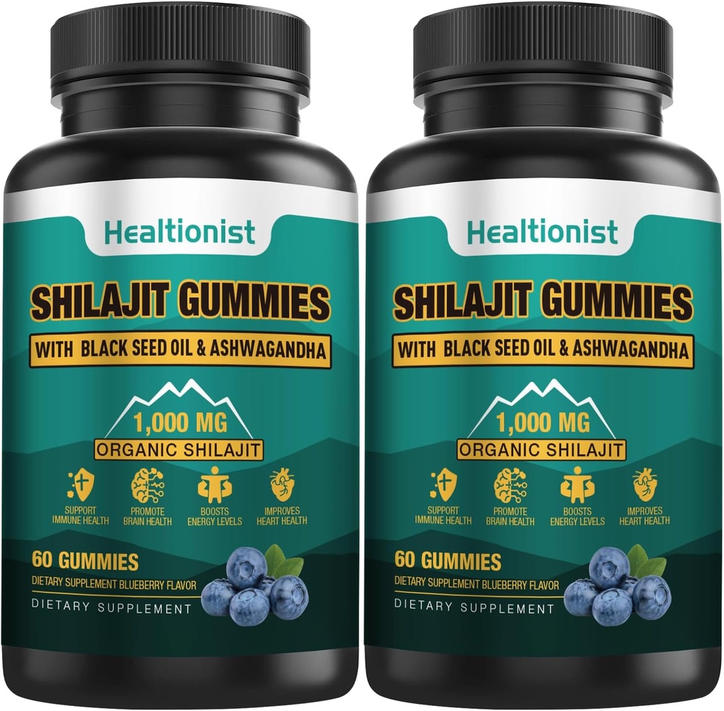 2 embalagens de pastilhas de 1000 MG Supplement Shilajit com 85+ Trace Minerals, Ácido Fulvico, Gummy puro orgânico Shilajit Himalayan para homens e mulheres, energia, cérebro, suporte de imunidade - 120 Condes