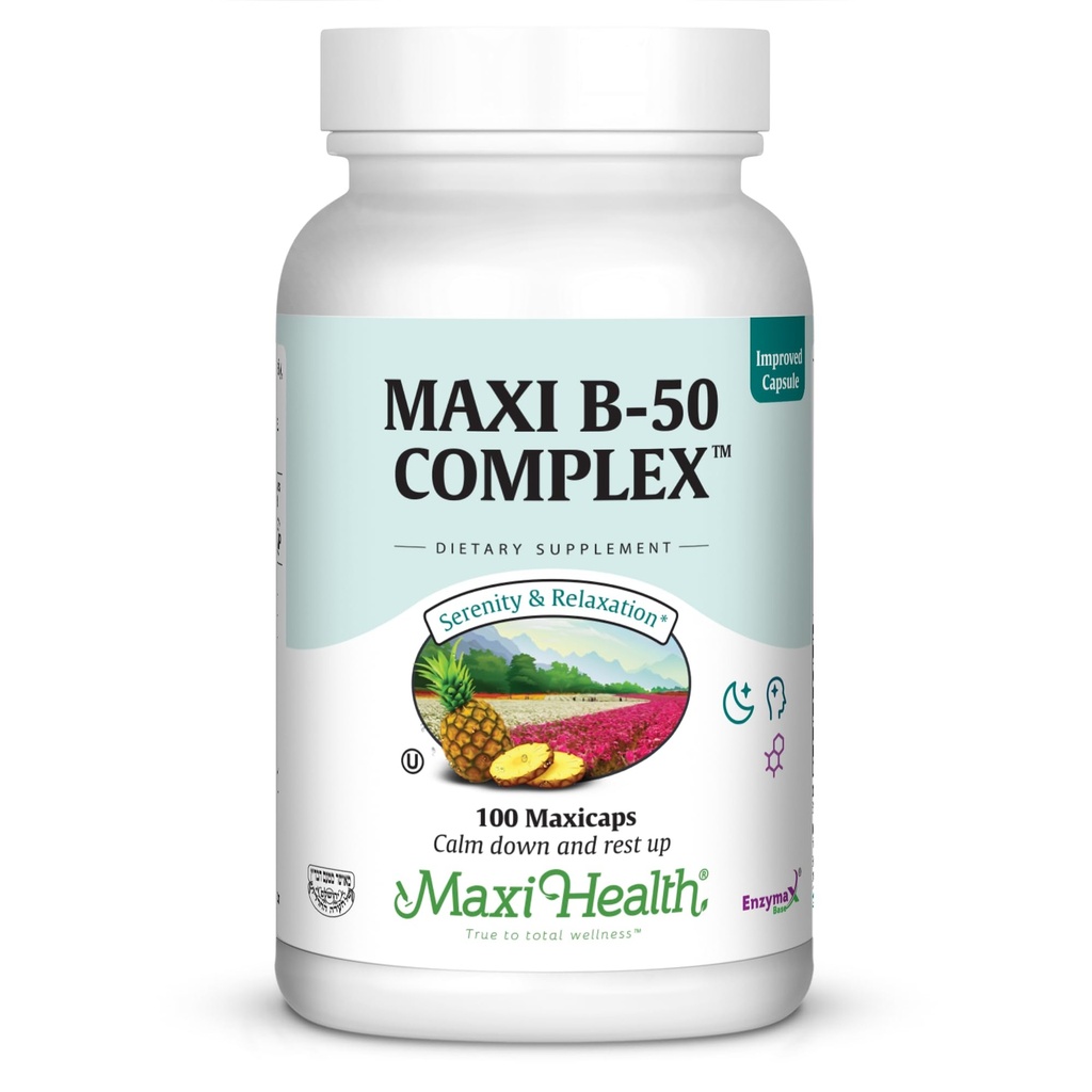 Maxi Health Vitamin B Complex – High Potency B Complex Vitamins B-50 with B1, B2, B3, B6, B12, Biotin & Folate – Support Cellular Energy & Mental Clarity – Kosher – 100 Capsules