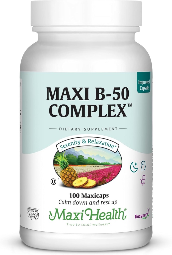 Maxi Health Vitamin B Complex - Высокопотенциальные B Complex Витамины B-50 с B1, B2, B3, B6, B12, биотин и фолат - Поддержка клеточной энергии и умственной ясности - Кошер - 100 капсул