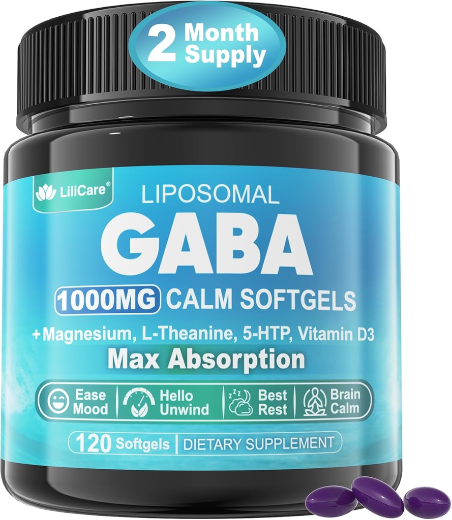 GABA Supplement - 1000 mg Liposomal Form för Optimal Absorption, GABA med L-Theanin, Magnesium Glycinate, 5HTP, Vitamin D3 för Brain Calm, Mood, Zzz Better - Melatonin-Free 120 Softgels.