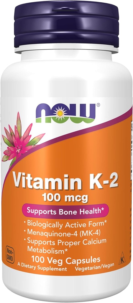 NOW Foods kiegészítők, K2-vitamin 100 µg, Menaquinone4 (MK-4), Supports Bone Health *, 100 Veg kapszula