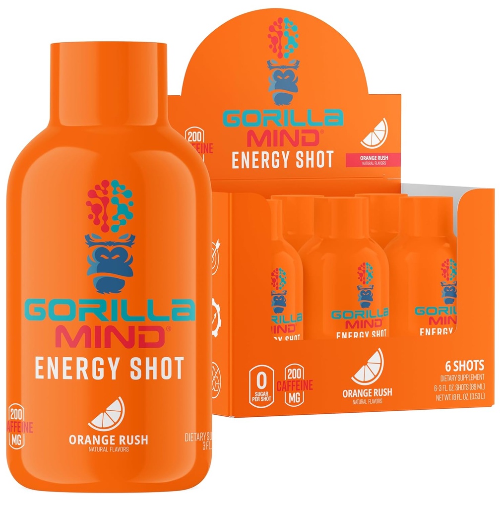 Gorilla Mode Energy Shots (6-Pack) - энергетические выстрелы для улучшенной фокусировки и энергии, без сахара, быстродействующая, мощная формула с витаминами и натуральными экстрактами (оранжевая лихорадка)