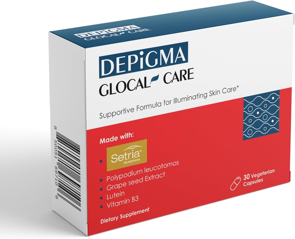 GlocalCare Depigma suport Reducerea hiperpigmentarii, Melasma si pete intunecate cu glutationa, Leucomos Polypodium, Seminte de struguri si extract Marigold