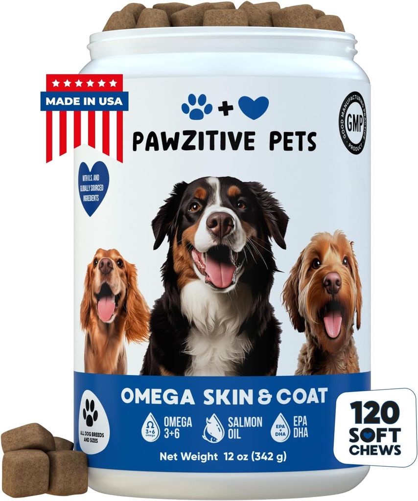 Chews for Dogs, Omega 3 Fish Oil - Dog Coat ' Skin supplement - USA Product - Itch Relief, Hot Spot Treatment - Salmon Oil for Dogs - 120 Soft Treats - Itching Skin Relief, Shedding, Hip ' Joint