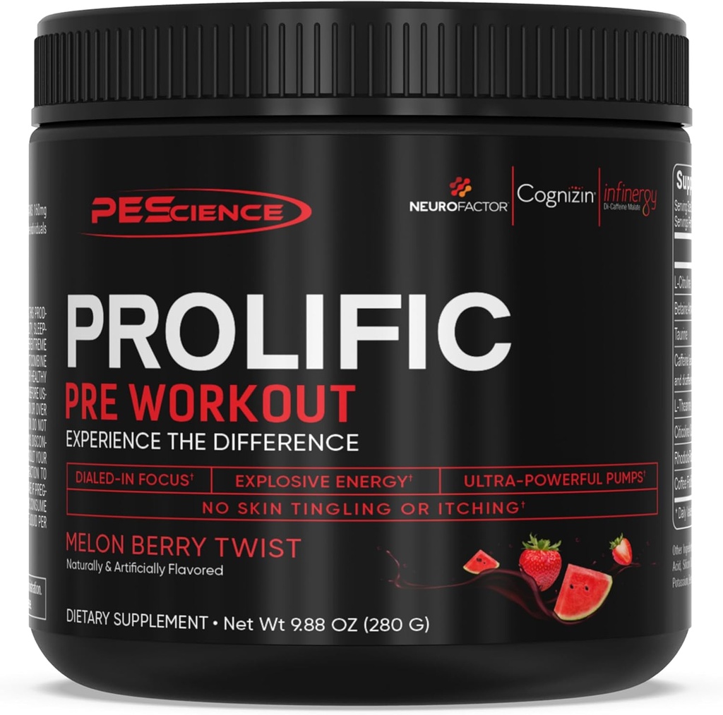 PEScience Prolific Pre Workout Toz L-Citrulline, Nitric oksigen, Focus üçün Enerji Toz & Nootropic - Beta Alanine olmadan Preworkout - 40 Scoops, Melon Berry Twist