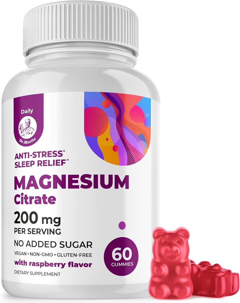 DR. MORITZ Magnesium Citrate Gummies for Adults - Sugar-Free Calm Magnesium Gummies - Supports a Healthy Stress Response - Raspberry Flavor - Non-GMO, 200 mg (60 Count)