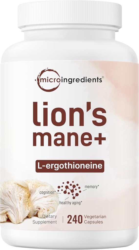 Micro Ingredients Lions Mane Supplement Capsules, 240 Veggie Capsules with L- Ergothioneine, 4 hónap Supply