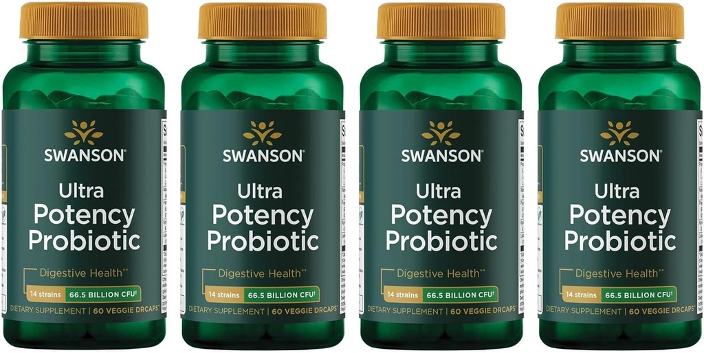 Swanson Ultra Potency Probiotic 소화 건강 면역 체계 지원 66 억 CFU Prebiotic NutraFlora scFOS 60 DRcaps Veggie 캡슐 (4 팩)