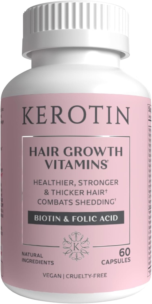 Vitaminas de crescimento do cabelo Kerotin, Suplemento de Biotina, Bloqueador DHT, Estimulador de Colágeno, para suporte de perda de cabelo, unhas e cuidados com a pele, inclui serra Palmetto, vitamina D3 & More - 60 comprimidos (1 mês de fornecimento)